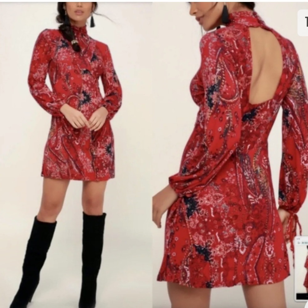 Free‎ People All Dolled Up Women’s Red Paisley Pattern Mock Neck Boho Mini Dress